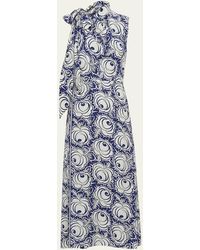 Prada - Floral-print Midi Dress With Scarf Neck - Lyst