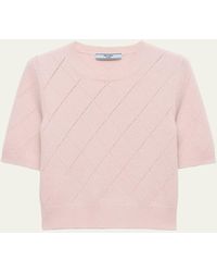 Prada - Cashmere Argyle Pointelle Knit Short-Sleeve Sweater - Lyst