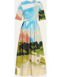 Oscar de la Renta - Abstract Landscape Print Flared Midi Dress With Removable Belt - Lyst
