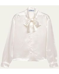 Prada - Satin Bow-Neck Button-Down Blouse - Lyst