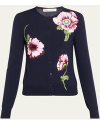 Oscar de la Renta - Wool Knit Cardigan With Threadwork Embroidered Poppies - Lyst