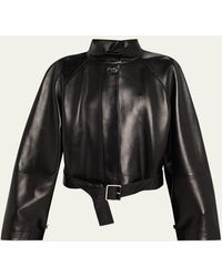 Loewe - High-Neck Leather Belted Crop Trench Jacket - Lyst