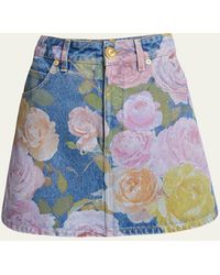 Balmain - Rose Print Denim Mini Skirt - Lyst