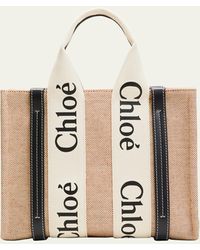 Chloé - Woody Small Tote Bag In Linen With Crossbody Strap - Lyst