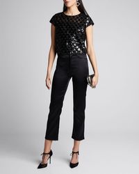 MILLY Sequined Scallop Cap-sleeve Baby Tee - Black