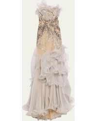 Marchesa - Strapless Pleated Ruffle Crystal Leaf Gown - Lyst