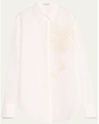 Brunello Cucinelli - Crispy Silk Button-front Blouse With Raffia Magnolia Embroidery - Lyst