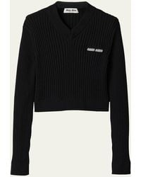 Miu Miu - V-Neck Ribbed Wool Cropped Sweater - Lyst