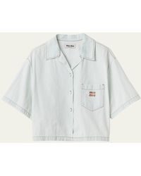 Miu Miu - Denim Chambray Short-sleeve Cropped Button-front Shirt - Lyst