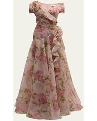 Teri Jon - Pleated Off-Shoulder Floral-Print Organza Gown - Lyst