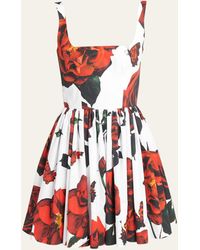 Alexander McQueen - Poplin Rose Print Flared Mini Dress - Lyst