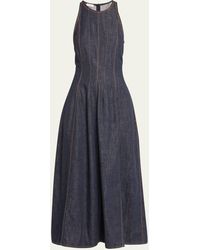 Brunello Cucinelli - Glossy Denim Structured Midi Dress With Contrast Stitching - Lyst