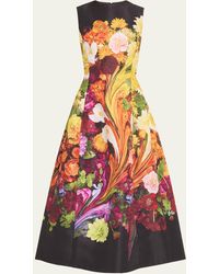 Oscar de la Renta - Sleeveless Jewel-neck Rainbow Flower Marble Faille Midi Dress - Lyst