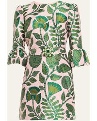 Andrew Gn - Leaf Print Flared-sleeve Belted Mini Dress - Lyst