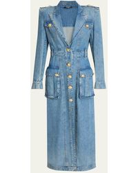 Balmain - Belted Pocket Detail V-Neck Denim Midi Dress - Lyst