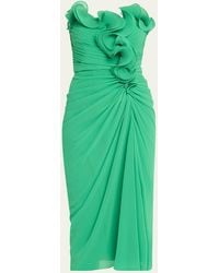 Badgley Mischka - Strapless Pleated Georgette Midi Dress - Lyst
