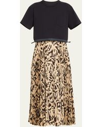 Sacai - T-shirt Dress With Leaf-print Pleated Skirt - Lyst
