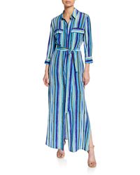 L'Agence Cameron Striped Button-front Long Silk Shirtdress - Blue