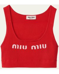 Miu Miu - Intarsia Logo Ribbed Cropped Top - Lyst