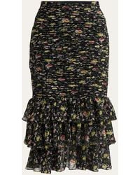 Valentino Garavani - Ruched Flower Print Midi Skirt With Ruffle Hem - Lyst