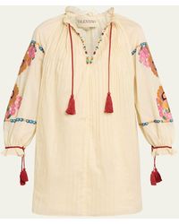 Valentino Garavani - Floral Embroidered Pintuck Blouse - Lyst