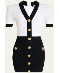 Balmain - V-Neck Buttoned Strong-Shoulder Torsade Knit Mini Dress - Lyst
