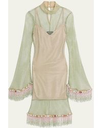 PATBO - Hand-beaded Rhinestone Netted Bell-sleeve Mini Dress - Lyst