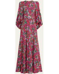Andrew Gn - Floral Print Puff-sleeve Belted Silk Gown - Lyst