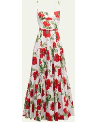 Oscar de la Renta - Poppies-print Sleeveless Belted Tiered Maxi Dress - Lyst