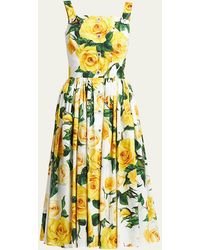 Dolce & Gabbana - Yellow Rose Floral Print Poplin Midi Dress - Lyst