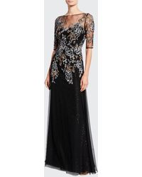 Teri Jon Lace Embroidered Illusion Gown in Navy (Blue) - Lyst