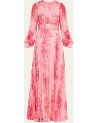Teri Jon - Pleated Floral-print Blouson-sleeve Gown - Lyst