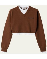 Miu Miu - V-Neck Layered Cashmere Knit Crop Sweater - Lyst