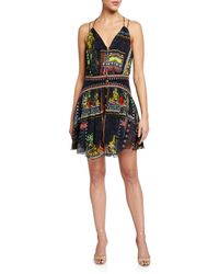 Camilla Strappy Printed Button-front Dress W/ Shaped Waistband - Black