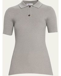 Brunello Cucinelli - Metallic Rib Knit Short-sleeve Polo Sweater - Lyst
