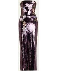 Monique Lhuillier - Strapless Floral-Embroidered Sequin Column Gown - Lyst