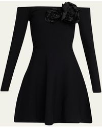 Oscar de la Renta - Off-The-Shoulder Flower Applique Long-Sleeve Knit Mini Dress - Lyst