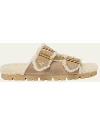 Prada - Suede Shearling Lined Dual-Buckle Slide Sandals - Lyst