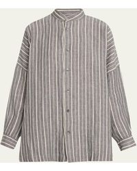Eskandar - Stripe Wide Longer Back Collarless Shirt (long Length) - Lyst