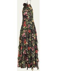 Ramy Brook - Idella Metallic Floral-print Ruffle Halter Gown - Lyst