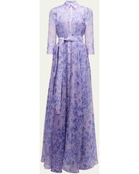 Carolina Herrera - Floral Print Trench Gown With Tie Belt - Lyst