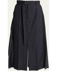 Sacai - Pleated Sheer Chalk Stripe Belted Midi Skirt - Lyst
