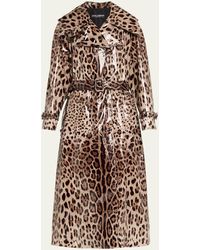 Dolce & Gabbana - Leopard-print Belted Shiny Long Trench Coat - Lyst