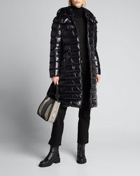 Moncler Moka Shiny Fitted Puffer Coat With Hood - Black