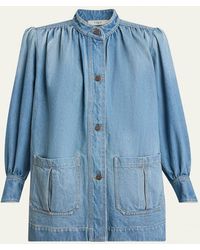 Chloé - Long High Neck Gathered Denim Jacket - Lyst