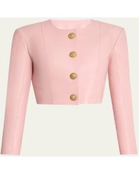 Balmain - Buttoned Strong-Shoulder Leather Crop Jacket - Lyst
