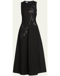 Brunello Cucinelli - Crinkle Cotton Structured Dress With Embroidered Magnolia Flower - Lyst