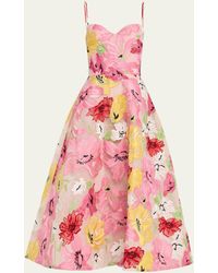 Monique Lhuillier - Floral-embroidered Flared Skirt Dress - Lyst