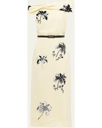 Prada - Off-the-shoulder Floral-print Belted Midi Dress - Lyst