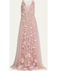 Reem Acra - Plunging Floral Feather Applique Crystal Gown - Lyst